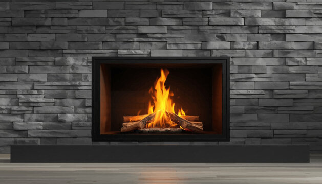 Contemporary fireplace with bright flames and modern stone wall