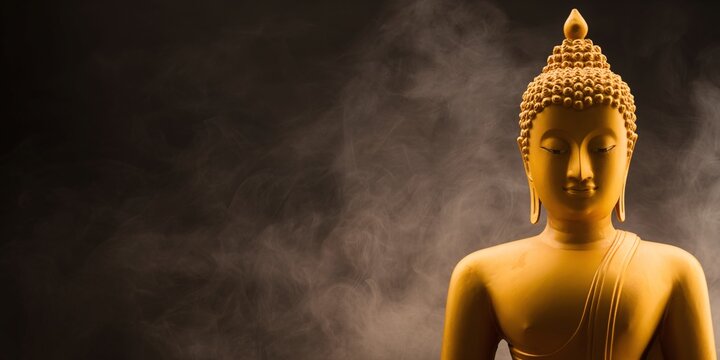 Captivating upper body perspective of a golden thai buddha enveloped in swirling layers of smoke