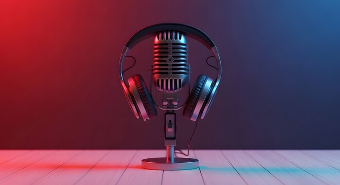 Vintage microphone with headphones studio setup neon lighting