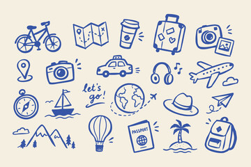 Obraz na płótnie Canvas Travel Elements Doodle Set Vector Illustration