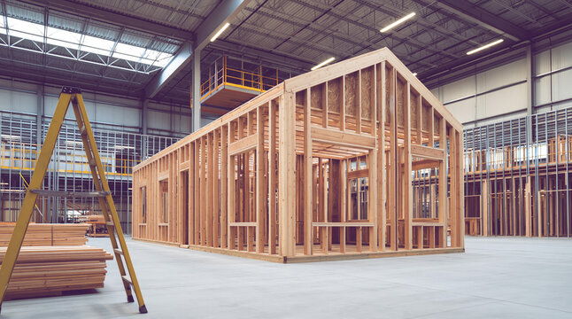 Wooden house frame construction inside factory warehouse