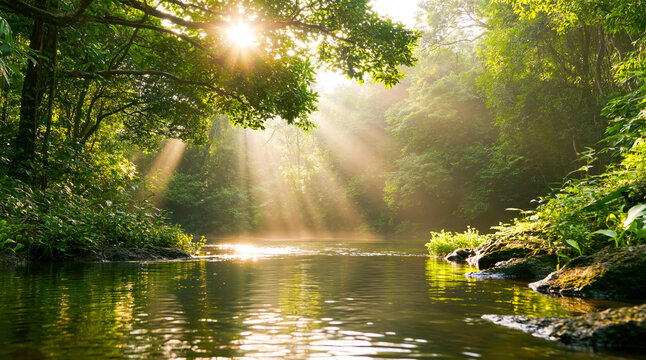 Sunbeams filtering through canopy over misty river
