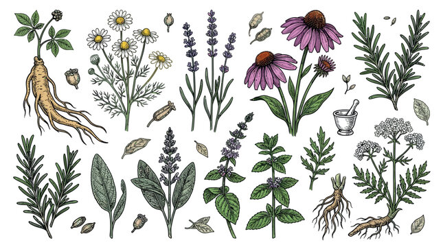 Detailed botanical illustration of various medicinal and wildflowers with roots and leaves