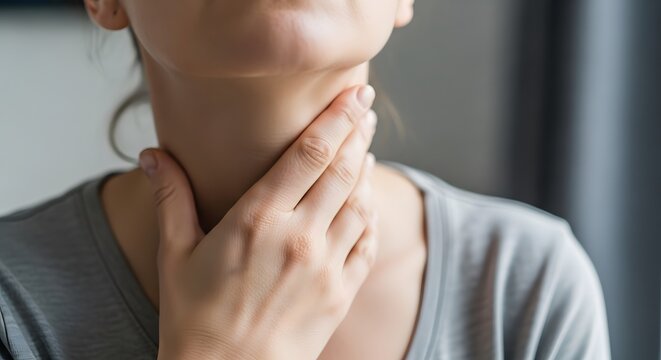 Woman holding throat in discomfort close up view