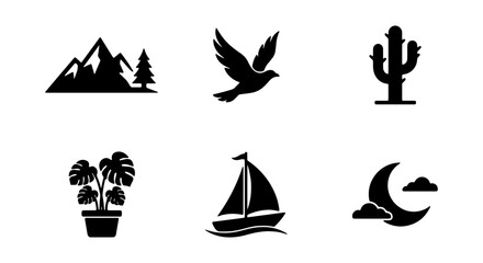 Obraz premium Minimalist nature icons set, black silhouette vector elements, outdoor adventure logo graphics