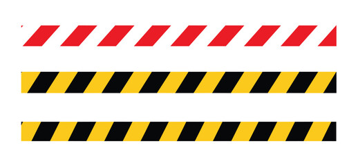 Obraz premium Warning Tape Stripes. Red and white, black and yellow striped warning tape. caution signage, hazard marking, safety barrier.