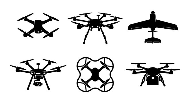 Drone silhouette vector set, quadcopter and hexacopter icons, unmanned aerial vehicle graphics