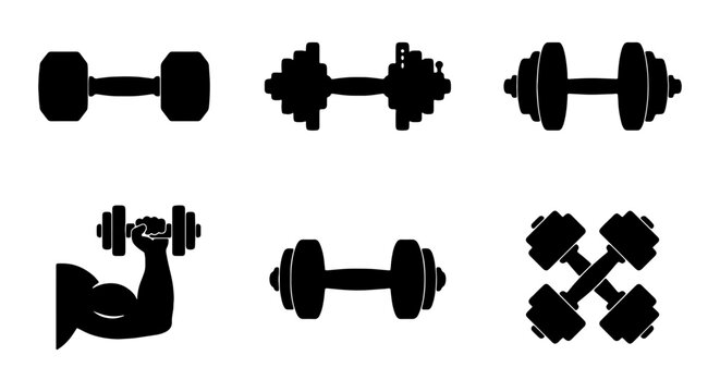 Dumbbell silhouette icon set, gym weight lifting equipment, 6 fitness workout vector elements