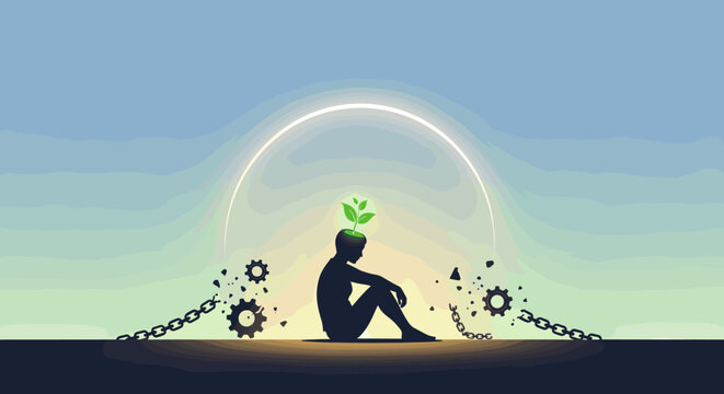 Silhouette of a person breaking free from chains with a growing plant representing mental health and growth.