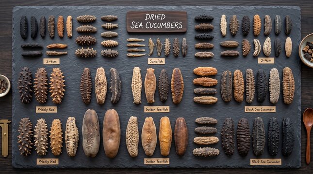 Flat Lay Selection of Various Dried Sea Cucumbers