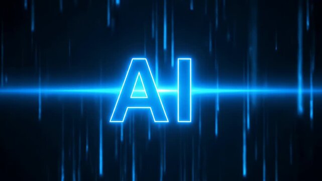 Ai text logo animation with blue digital matrix background for technology theme