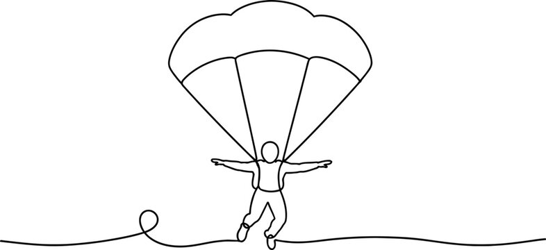 Continuous line drawing parachuting, line art, minimalist illustration, adventure sports, skydiving