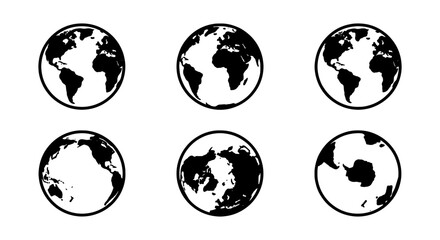 Minimalist world globe icons, set of 6 earth map vectors, black and white planet earth symbols © MD