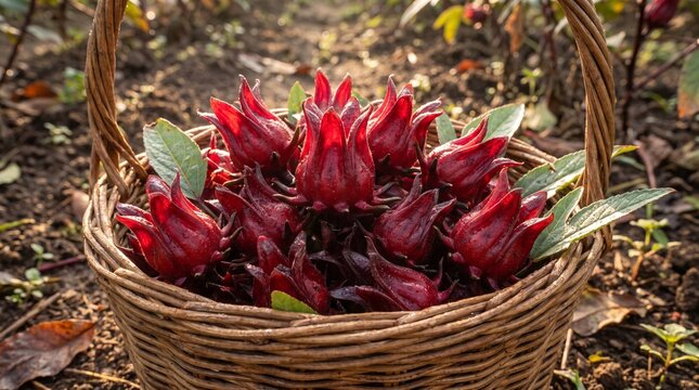 Freshly Harvested Red Rosella Calyces in Rustic Basket