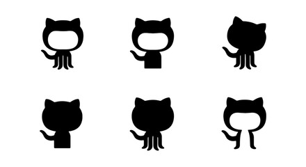 Minimalist cat octopus icons, black silhouette hybrid creature set, 6 vector mascot symbols © MD