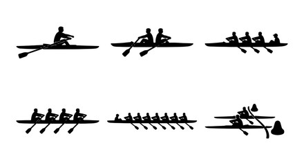 Rowing boat silhouette set, competitive sculling icons, 6 water sports racing vector elements © MD