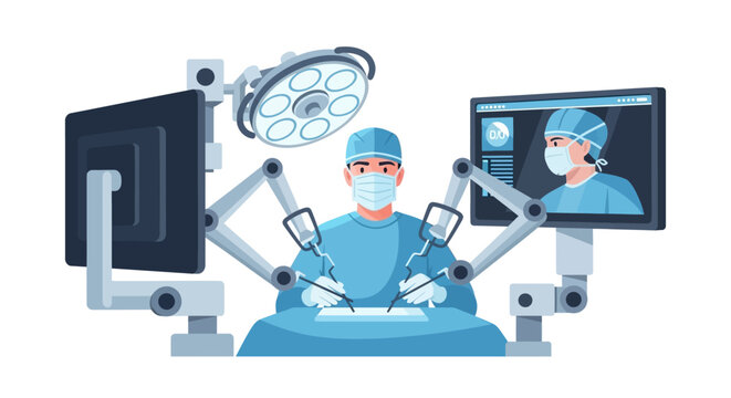 Robotic Assisted Surgery Illustration with Surgeon and Telemedicine Monitor - Modern Healthcare Technology Vector