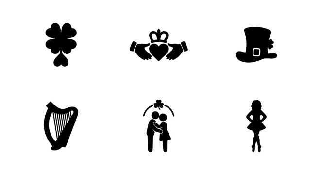 Irish cultural icons set, 6 black silhouette vector elements, Saint Patrick's Day symbols