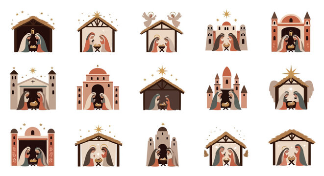 Colorful nativity scene illustrations with baby jesus, mary, joseph and animals in cozy stable settings