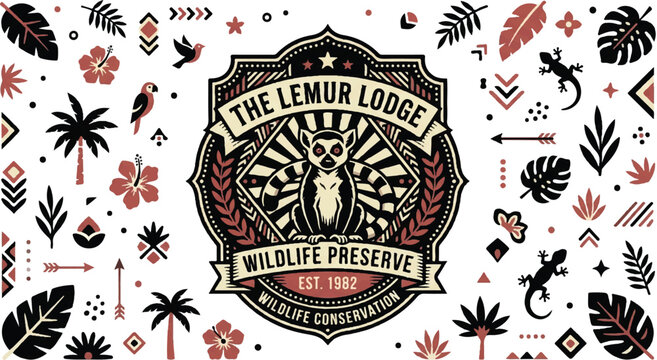 Lemur badge logo doodle elements on white background