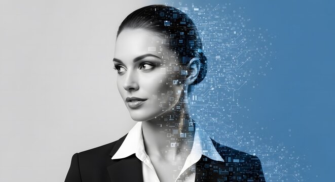 Artificial intelligence portrait woman fading into digital circuitry