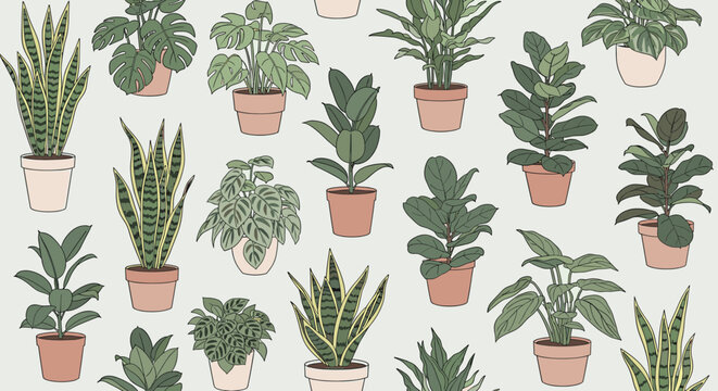 Seamless pattern featuring various hand drawn potted indoor houseplants on a light background.