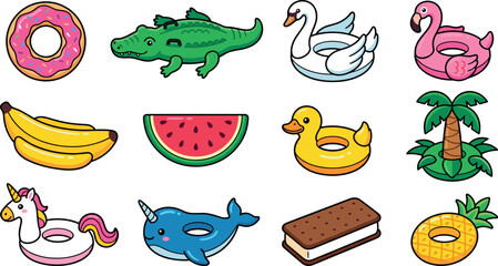 Summer Pool Float Icon Set Vector Illustration Featuring Cute Cartoon Inflatable Swim Rings Novelty Crocodile Flamingo Unicorn Narwhal Fruit and Food Graphics © Rashidul