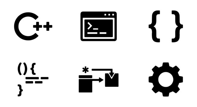 C++ programming language icons set, software development symbols, coding vector elements