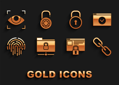 Set FTP folder and lock, Secure your site with HTTPS, SSL, Chain link, Fingerprint, Lock, Eye scan and Safe combination wheel icon. Vector