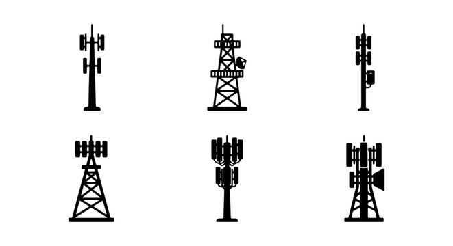 Telecommunication tower icons set, 6 cell phone signal mast vectors, radio antenna silhouettes
