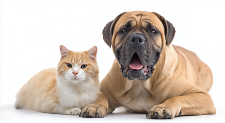 Obraz premium a happy bullmastiff dog and an orange and white cat sitting side by side, isolated on a white background.