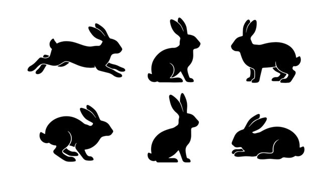 Rabbit silhouette vector set, 6 black bunny icons, jumping and sitting hare collection