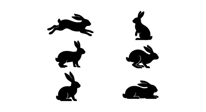 Rabbit silhouette set, 6 black bunny vector icons, jumping and sitting hare collection