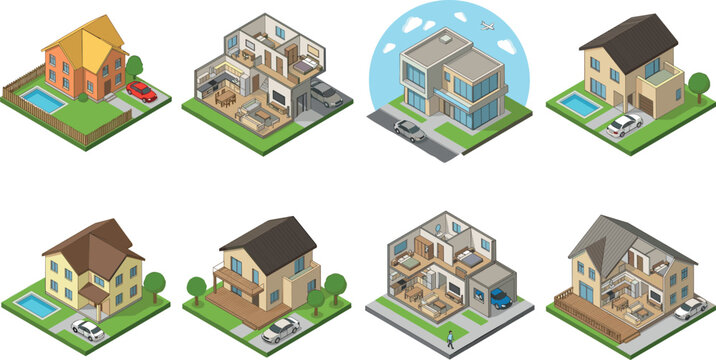 Isometric House and Villa Architecture Icon Set Vector Illustration Collection Featuring Detailed Modern Cottages Residential Buildings Yards Pools and Interior Floor Plans