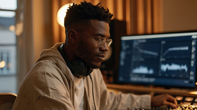 AI music composition interface displaying harmonic structure, tempo variation graphs, and lyric sentiment analysis as Nigerian music producer adjusts parameters on studio mixing