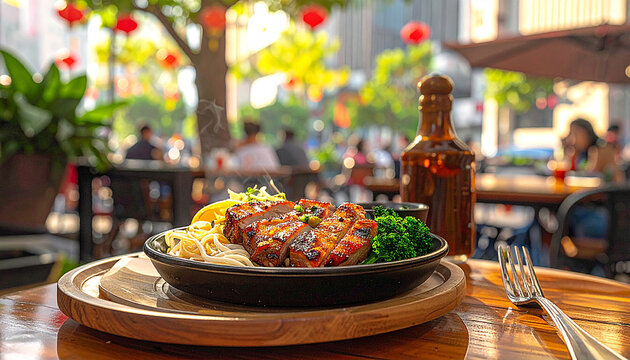 bun cha grilled pork with noodles served on outdoor street table, environment shot 