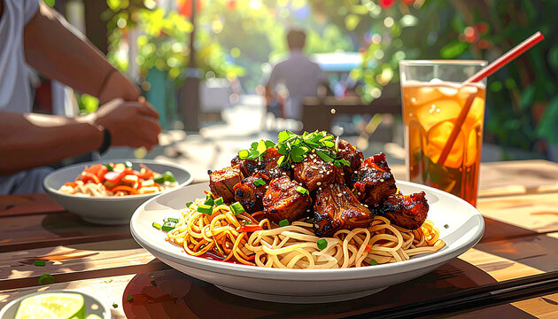 bun cha grilled pork with noodles served on outdoor street table, environment shot 