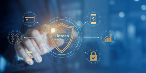 Fototapeta premium Fintech innovation concept showing secure digital financial technology with futuristic interface elements