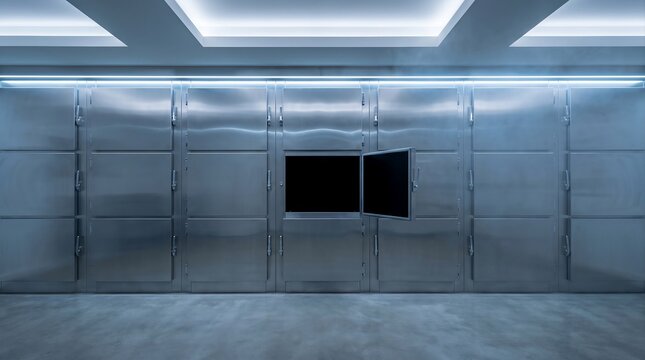 Empty Mortuary Body Storage Refrigeration Chamber with One Open Compartment