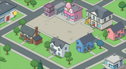 Fototapeta premium Isometric City Map Layout Vector Illustration with Suburban Houses Street Roads Ice Cream Shop Residential Buildings and Green Lawn Park Grid Graphics