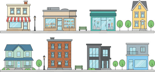 City Street Buildings Vector Illustration Set Featuring Flat Line Art Storefronts Retail Shops Cafes Apartment Blocks and Suburban Residential Houses Design © Rashidul
