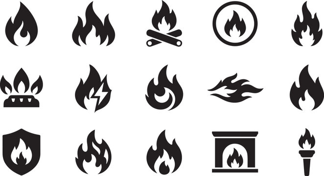 Collection of various fire flame and heat symbols with campfire, fireplace