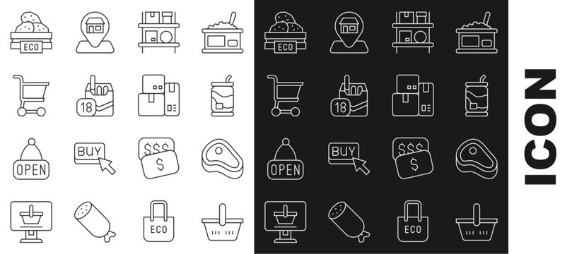 Set line Shopping basket, Steak meat, Soda can, Warehouse interior with boxes, Cigarettes pack, cart, Wooden for fruits and Cash register machine icon. Vector