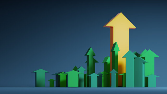 3D Upward Arrow Cluster Showing Business Growth, Success, Progress and Market Leadership