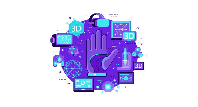 Futuristic Metaverse and Virtual Reality Interface Vector Illustration with Haptic Glove and 3D Modeling Icons