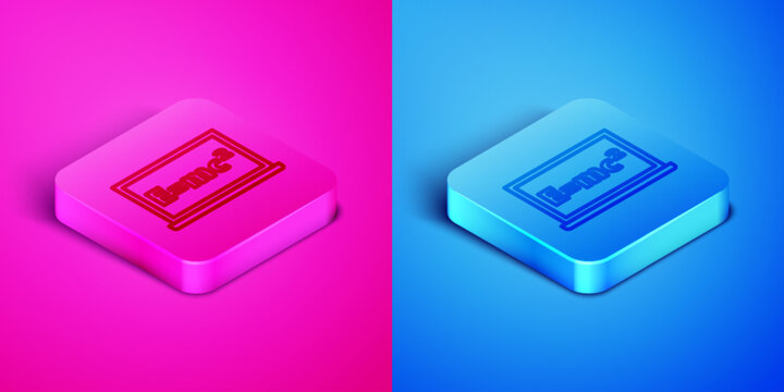 Isometric line Math system of equation solution on chalkboard icon isolated on pink and blue background. E equals mc squared equation on computer screen. Square button. Vector