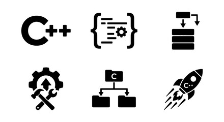 Fototapeta premium C++ programming language icon set, software development symbols, coding vector glyphs