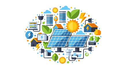 Naklejka premium Renewable Energy Concept Illustration with Solar Panels, Green Power Icons, and Sustainable Technology Symbols on White Background