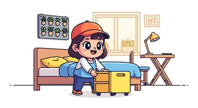 Cute little girl moving luggage in her bedroom.