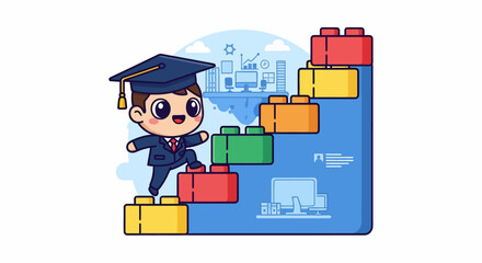 Obraz premium Cute student character climbing up building blocks stairs.